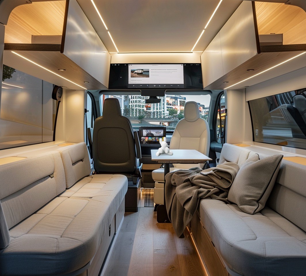 Inside a vehicle with a table and couches Description automatically generated